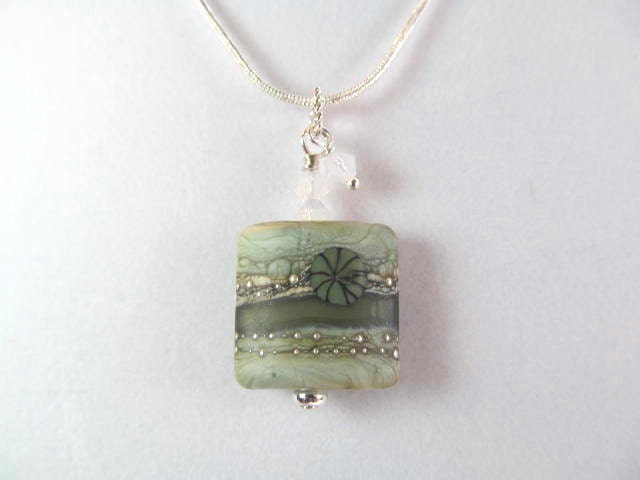 Necklace square lampwork green bead, crystals, bead by Friskey Lampwork