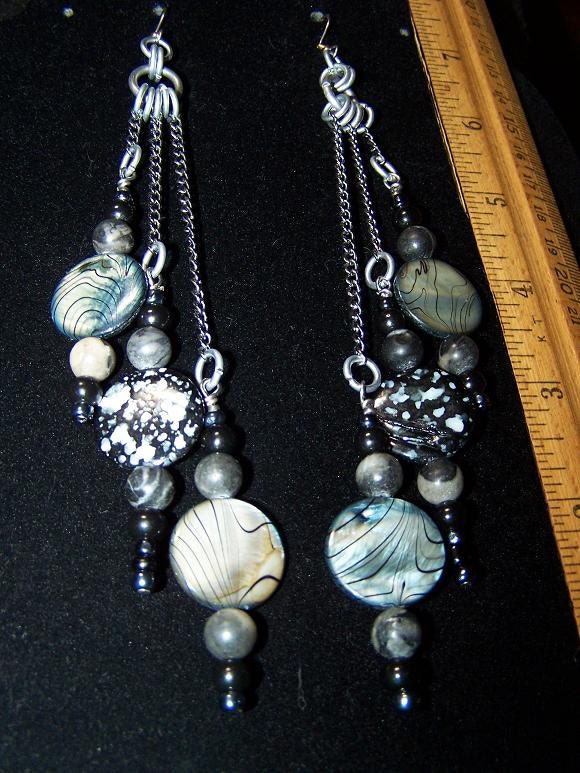 shell beads and black jasper long big earrings....