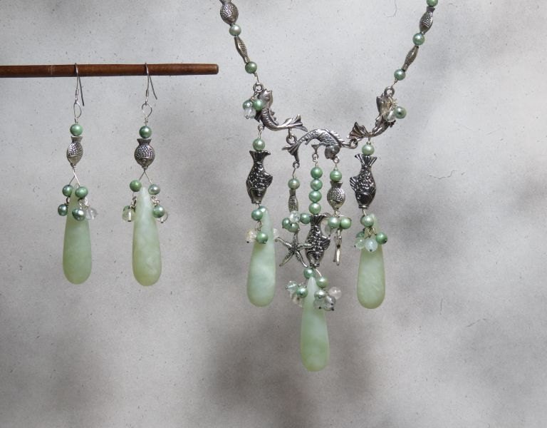 The Kingdom of Neptune necklace and earring set. Ocean collection. Jade, aquamarine, freshwater pearls on silver. SET-005