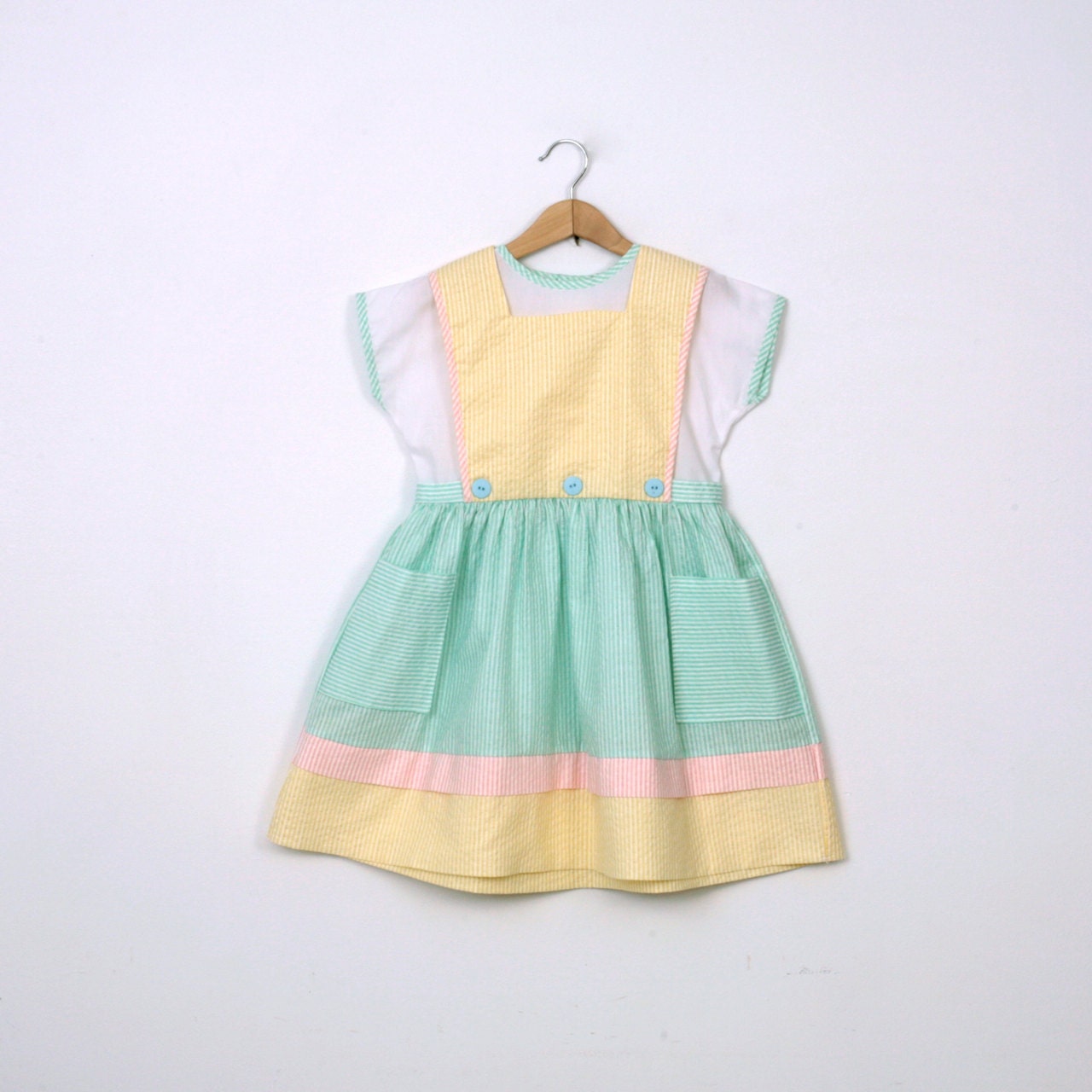 Vintage  Dress with Apron in Pastel Yellow Pink Mint and White1980s