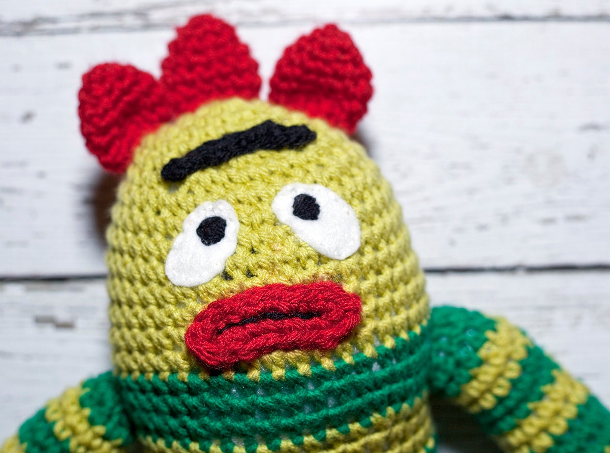 Crochet Monster toy - Brobee - Green, red, and light green yarn - childs toy baby toy nursery decor - Made to order