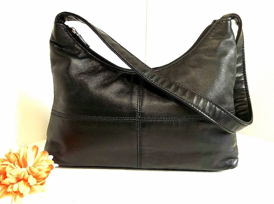 Vintage black leather Boho shoulder OR hand bag, purse, ultra soft leather very versatile