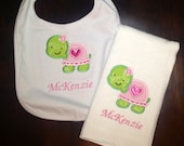 Cute turtle appliquéd bib and burp cloth customized with  baby girls name baby shower gift