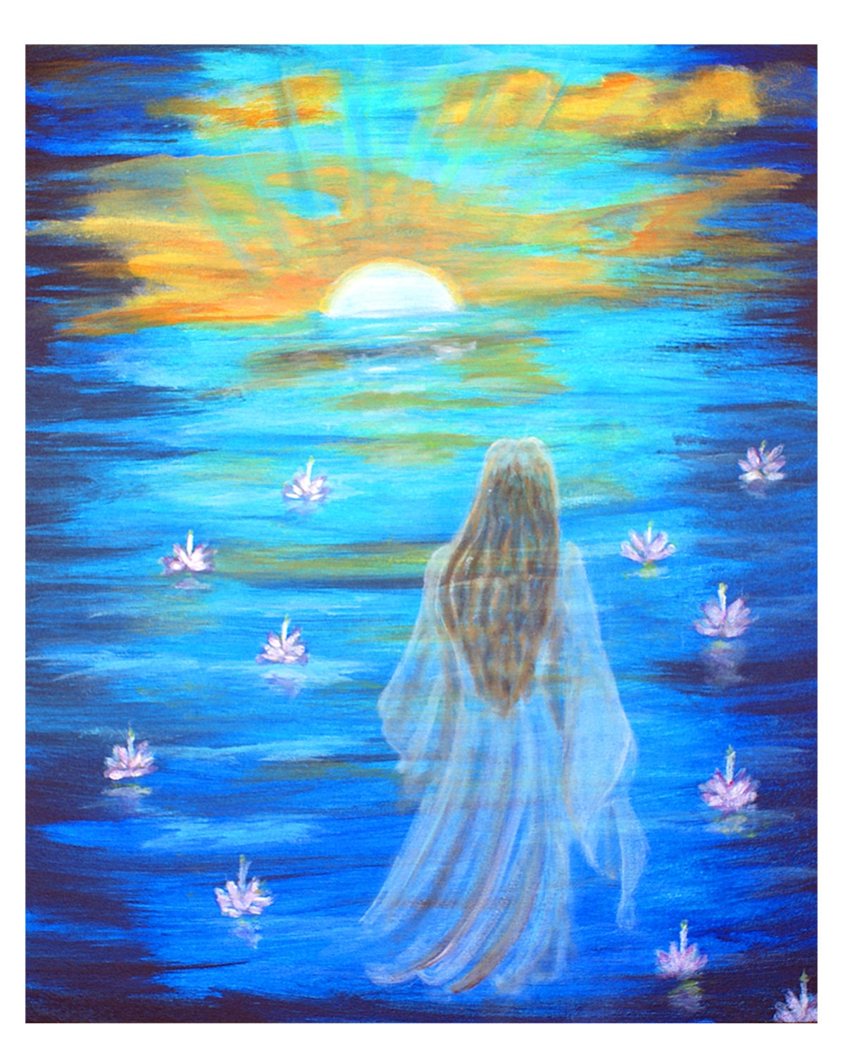 Original 8 x 10 Sunset & Female Print, Fine Art Print, Inspirational, Wall Decor, Home Decor, Ocean Print, Blue,Metaphysical, Spiritual,
