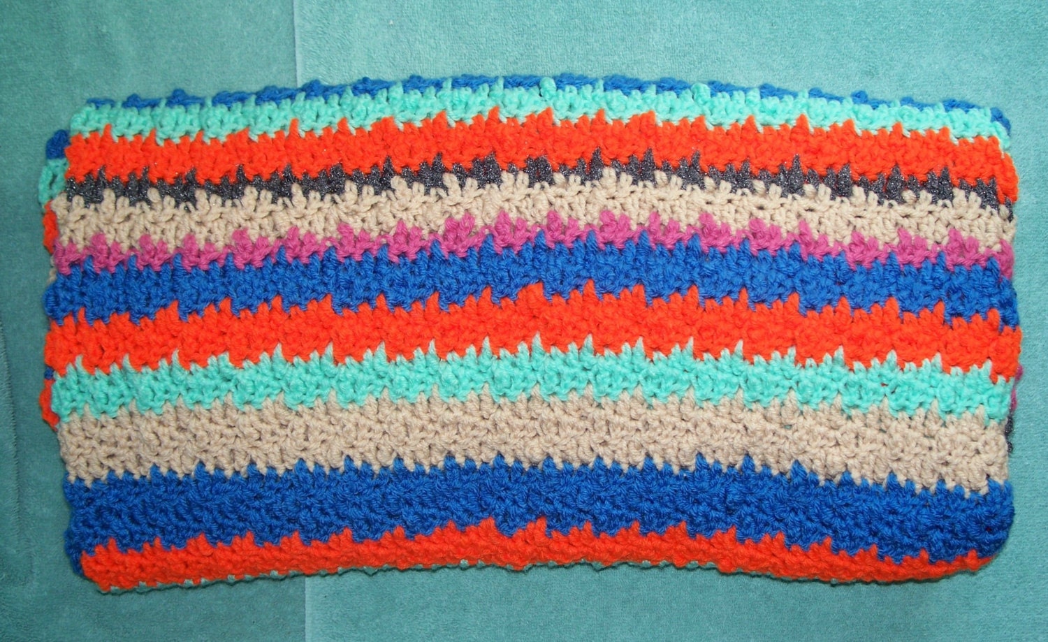 Vintage Handmade Afghan 1970s Throw Home Decor Bedding Blanket Blue Charcoal Reddish Orange Pink Off White Turquoise