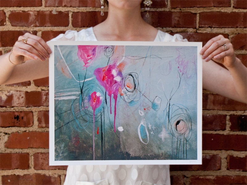 Contemporary Modern Print Art Blue Gray Pink by JUURI 12 x 15