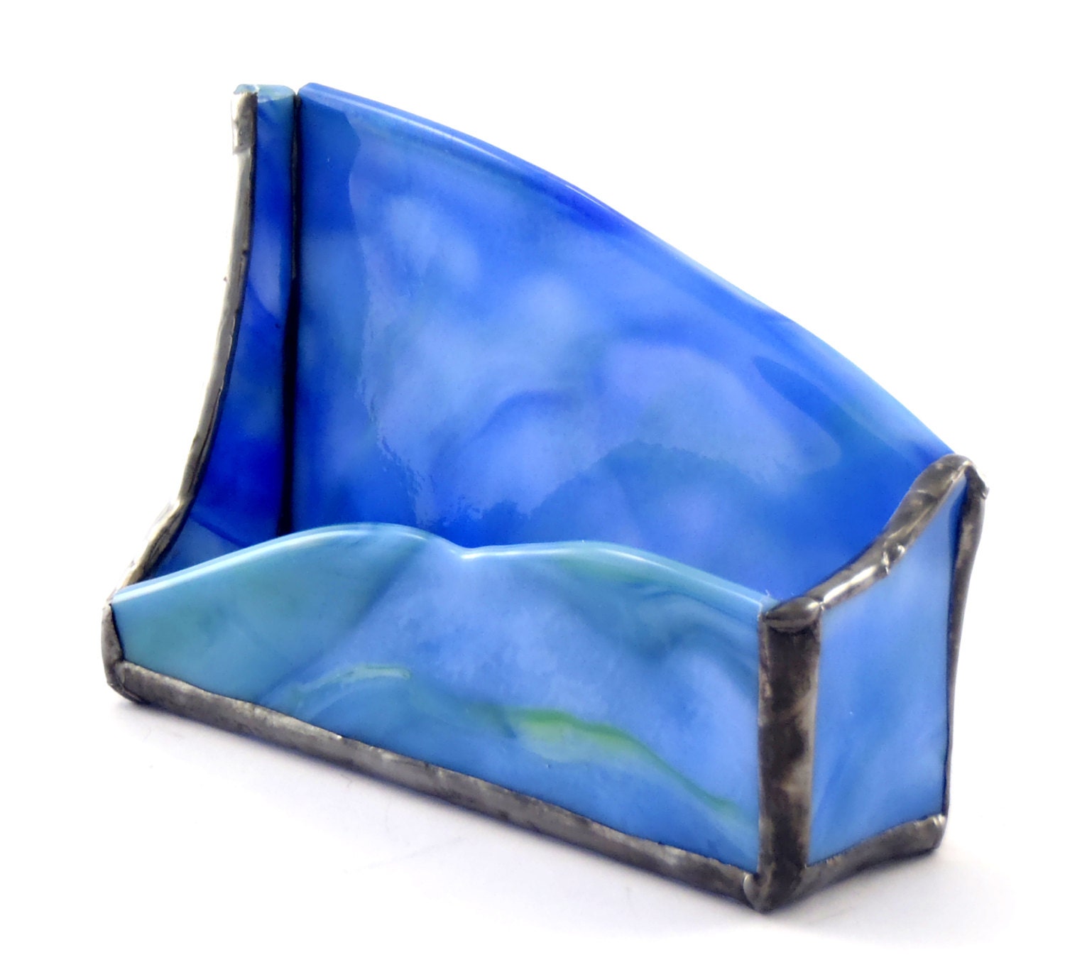 Blue Stained Glass Desktop Business Card Holder OOAK