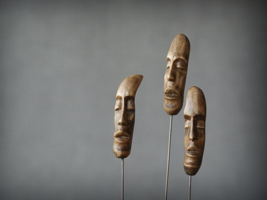 Three Heads -ooak hand carved wood statue, modern wood sculpture