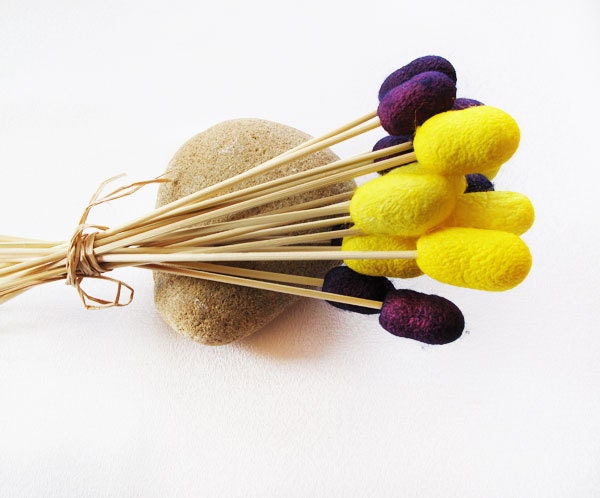 purple  yellow  Natural home decor,  Organic Dyed Silk Cocoons, purple, vase filler, yellow, 15 Pieces