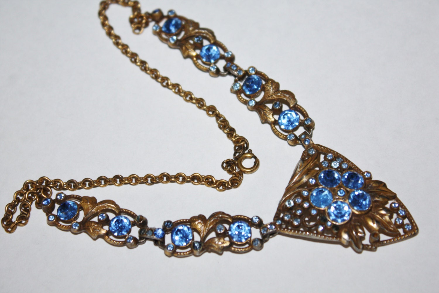 Art Deco Necklace Blue Rhinestone Pendant 1930s Jewelry