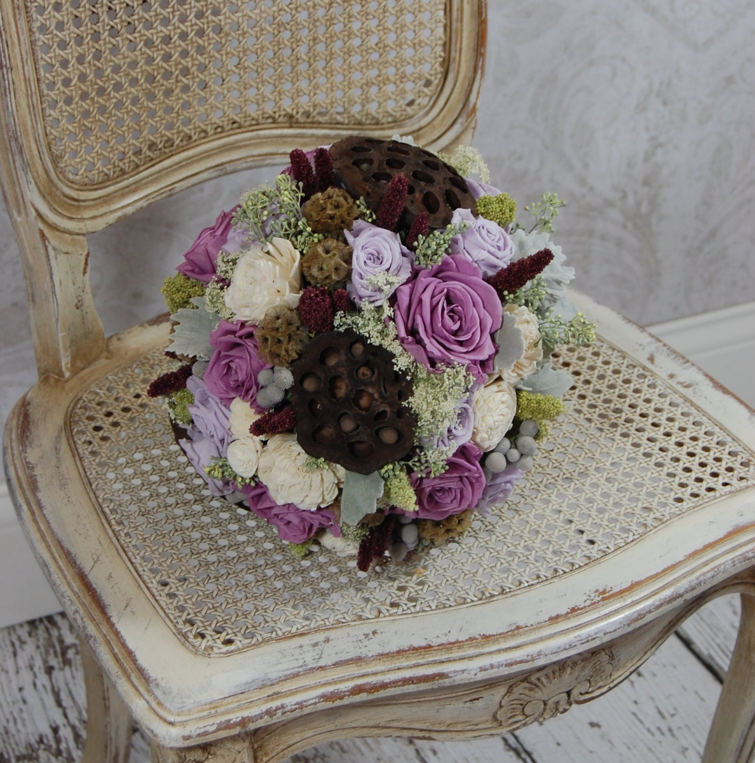 Purple, Silver & White Dried / Preserved Bridal Bouquet
