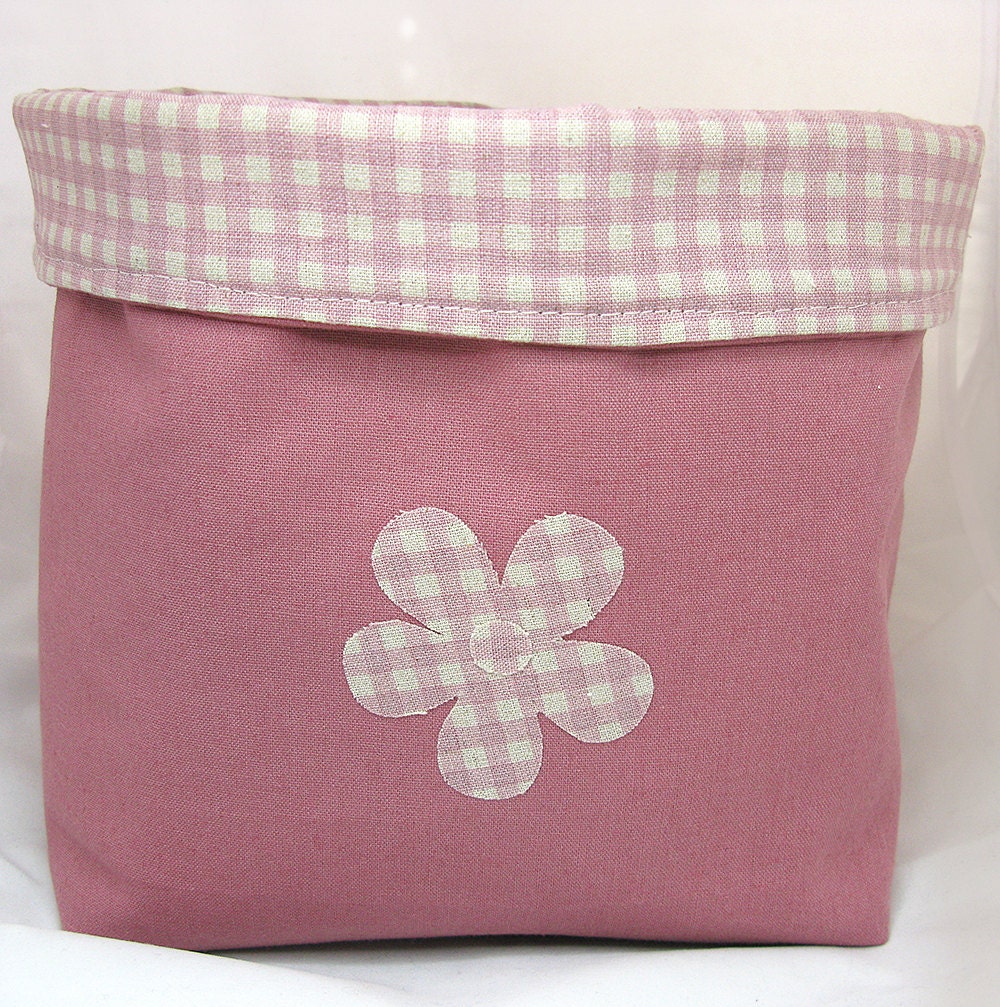Fabric Basket  Bin  Storage Bucket and Organization - Pink gingham - reversible