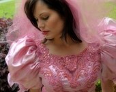 Vintage wedding dress, Pink tourmaline,Wedding gown,Victorian,Romantic, beaded,pink,bridal veil, goth, steampunk