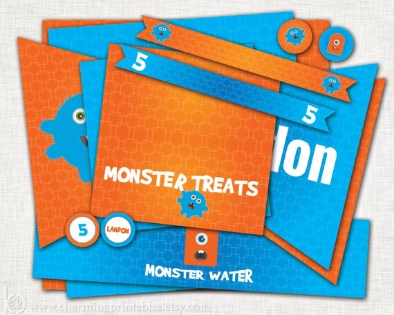 Monster Party Printables - DIY Printable Digitale Files for Lil Monster Birthday - Blue Orange Labels, Tags, Signs, Thank You Il_570xn