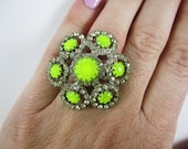 The Aleesi Ring - One Of A Kind - Vintage Neon Yellow Hand Painted Rhinestone Ring - Adjustable Size