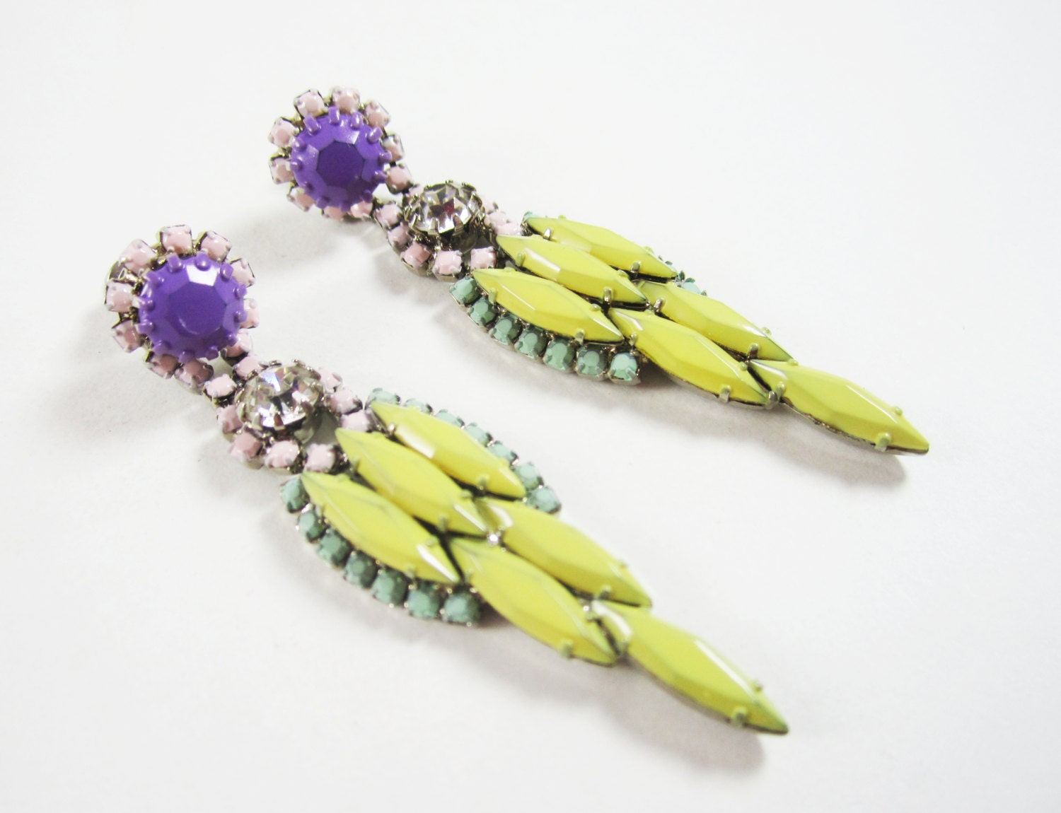 One Of A Kind - Vintage 1950s Hand Painted Pastel Rhinestone Earrings - by Love Obsessed