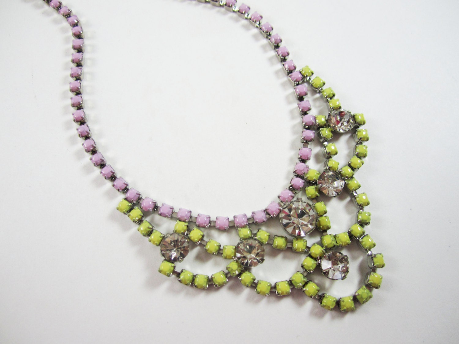 The Alyssa Necklace - Hand Painted Genuine Vintage Rhinestone Necklace - Pale Yellow and Pink - OOAK