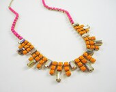 The Mira Necklace - Vintage One of A Kind 1950s Rhinestone Hand Painted Necklace - Neon Pink and Neon Orange - OOAK
