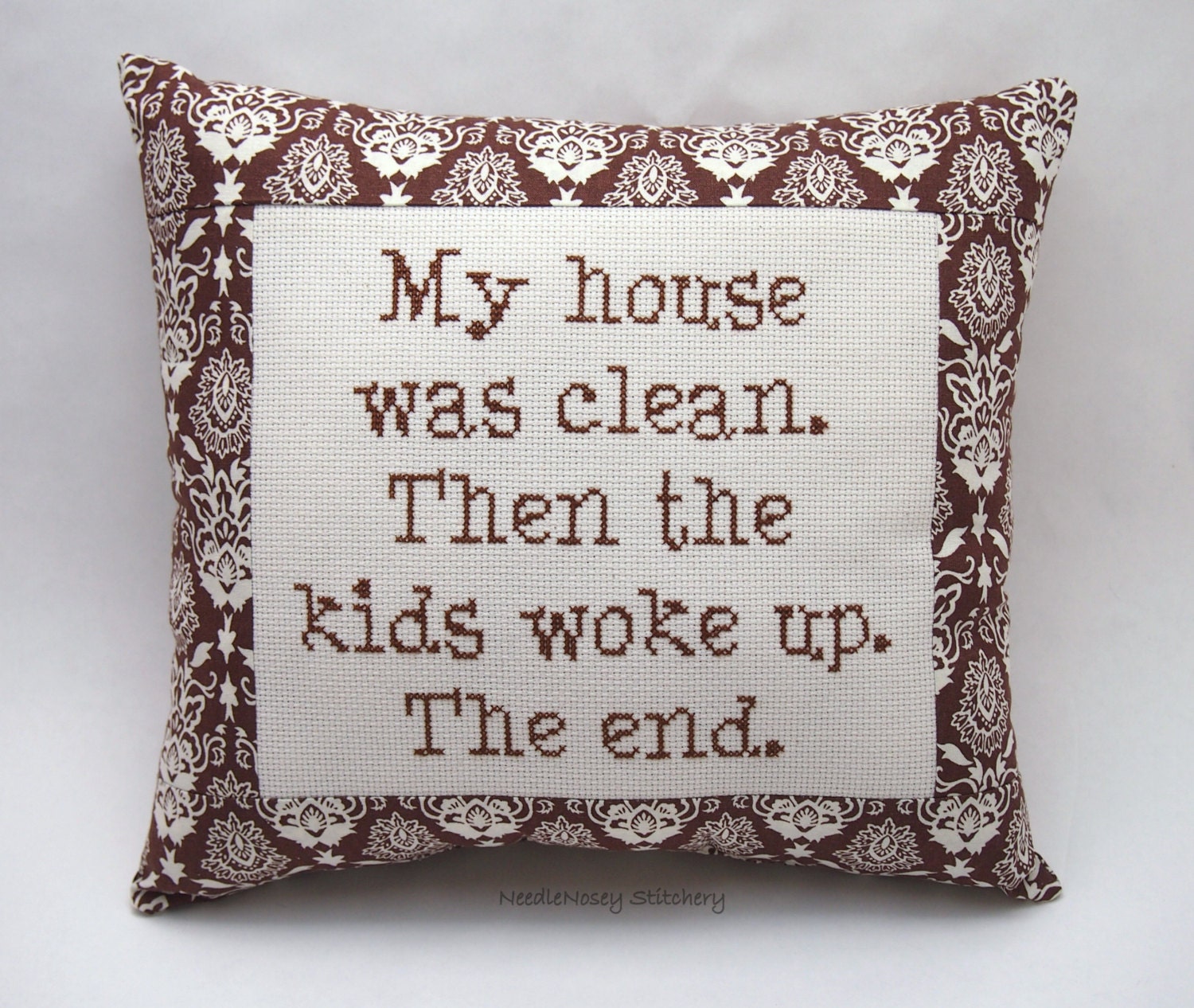 Funny Cross Stitch Pillow, Brown Pillow, Parenting Quote