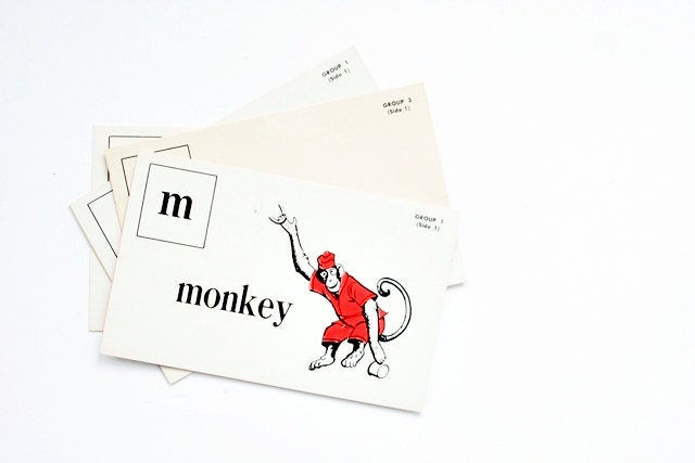 Vintage 1950s Flash Card M is for Monkey -  Vintage 1955 School Teachers Aid -  Large Size - Kenworthy Visual Aid Picture Phonic Card