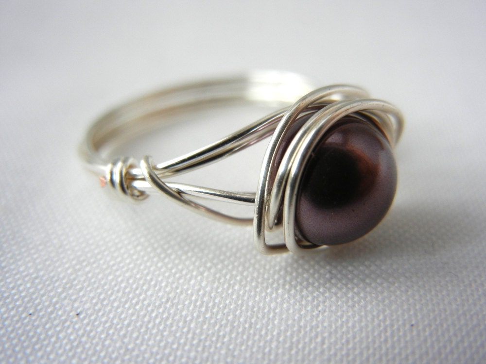 Wire Wrapped Rings, Burgundy Faux Pearl Ring, Wire Wrap Jewelry Handmade, Swarovski Pearl Ring, Custom Size, Silver Wire