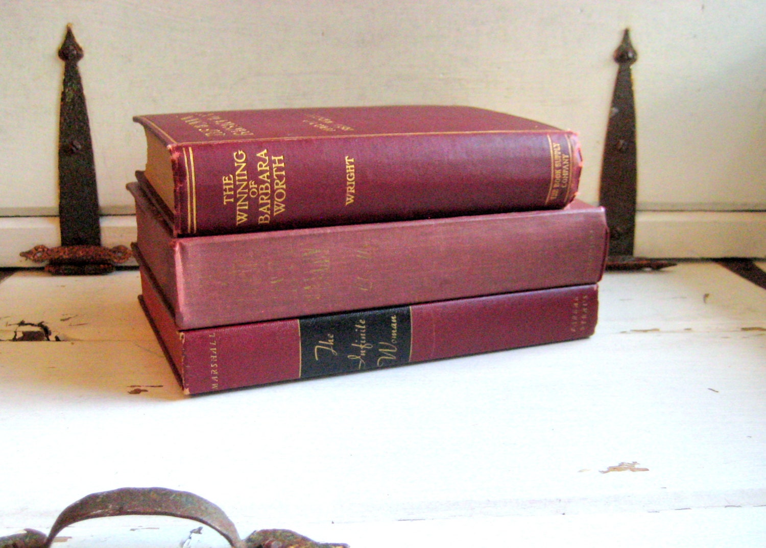 Shabby style vintage book collection, 3 burgundy and gold dramatic novels including How Green was my Valley - jensdreamvintage