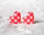 Red Gingham Heart Studs