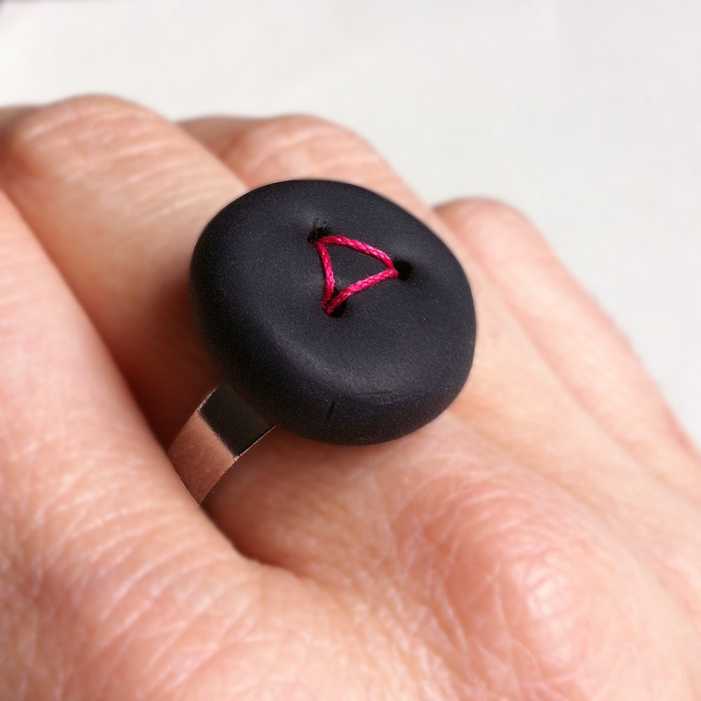 Adjustable ring matte black polymer clay neon pink thread 'Triangle' handmade