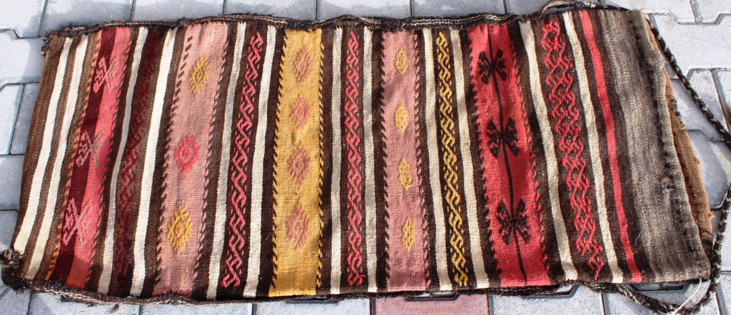 Vintage Handwoven Handmade Turkish Antique Wall Decor Kilim Sack - 23,2''x49,6'' inch %100 WOOL - FAST SHIPMENT - Delivered Within 2-4 Days,