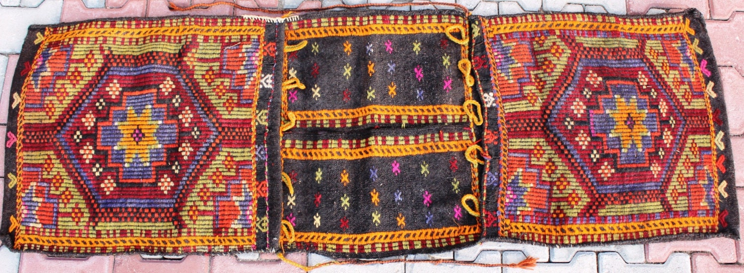 Vintage Handwoven Handmade Antique Wall Decor Kilim Saddlebag - 20,8''x63,2'' inch %100 WOOL - FAST SHIPMENT - Delivered Within 2-4 Days,