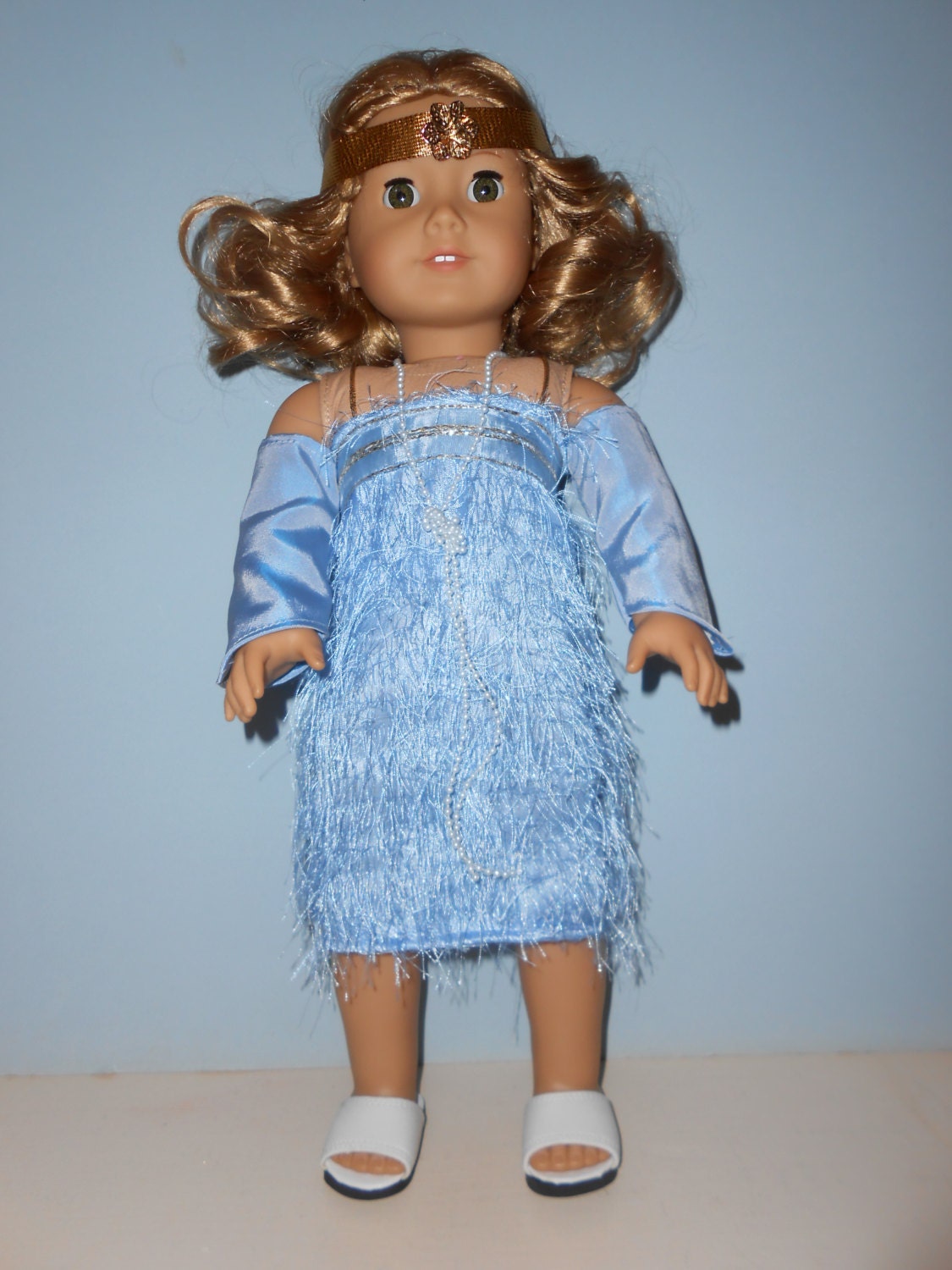 18 Inch American Girl doll Clothes Blue Flapper dress, gloves, headband and pearl necklace by project funway on Etsy