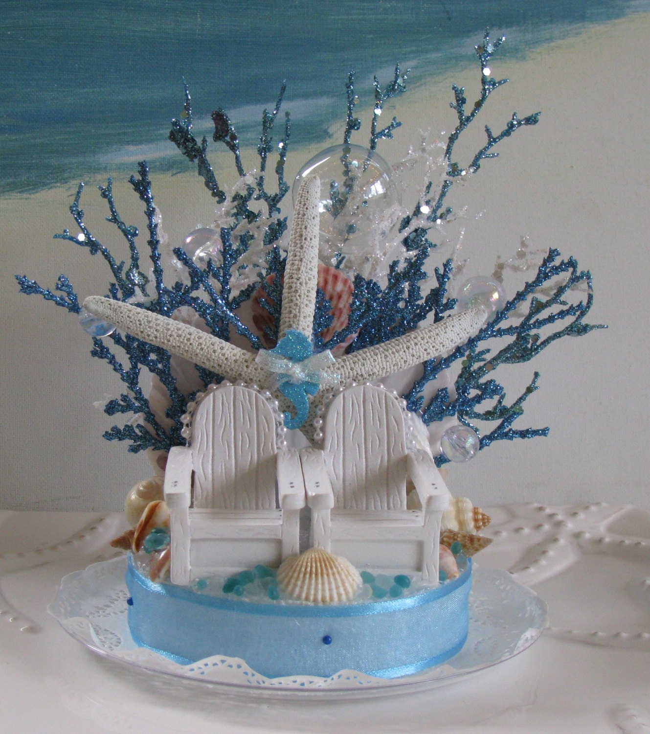 Adirondack Chairs Coral Reef Beach Wedding Cake Topper-Starfish Seashells Wedding Cake Topper