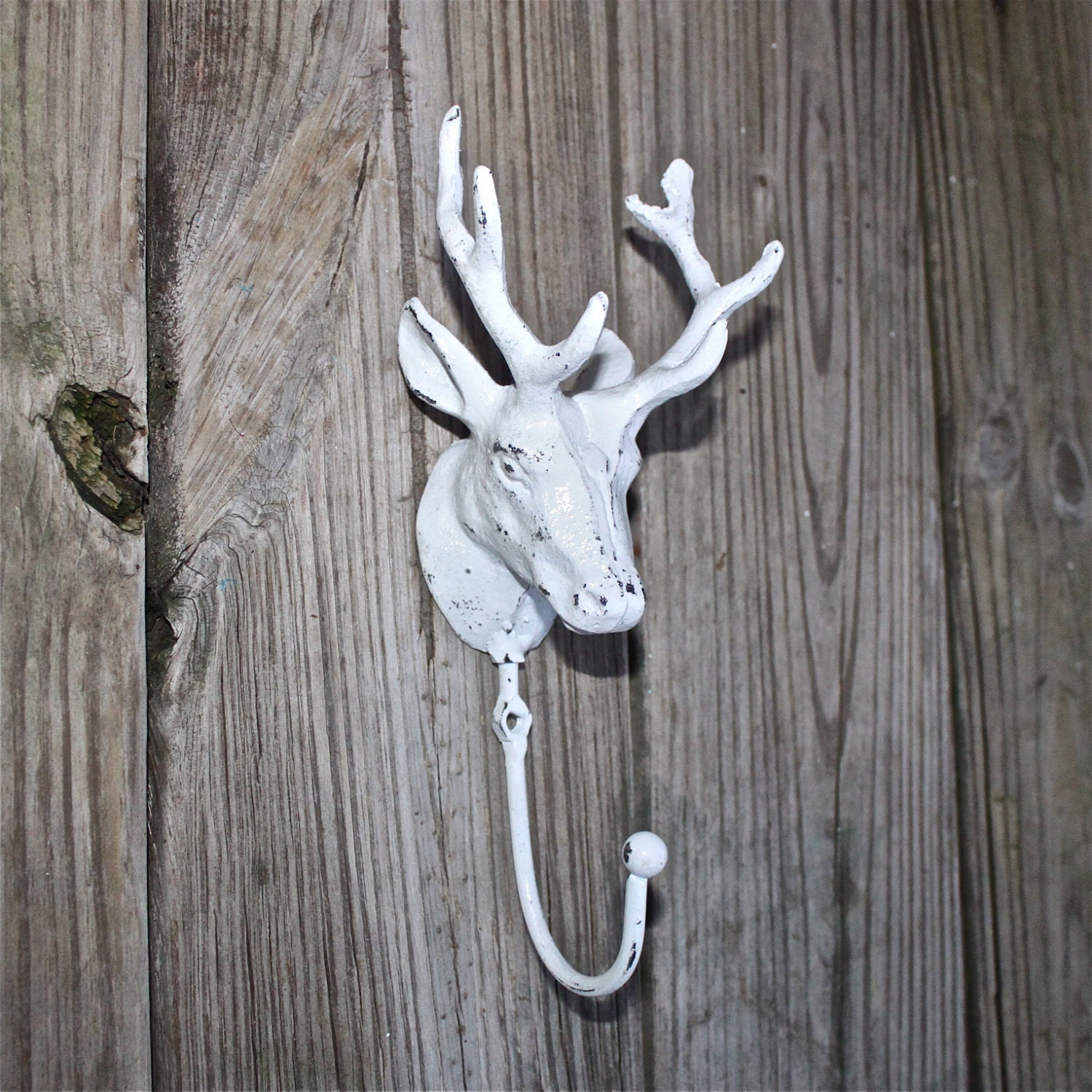 SHABBY CHIC WHITE Deer w/ Antlers Wall Hook /Lodge, Cabin Decor /Towel Holder /Metal Accessory Hanger /Boys Room /Man Cave