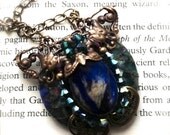 Vintage/Gothic Agate and Purple Tiger with Emerald Swarovski Brass Filigree Pendant