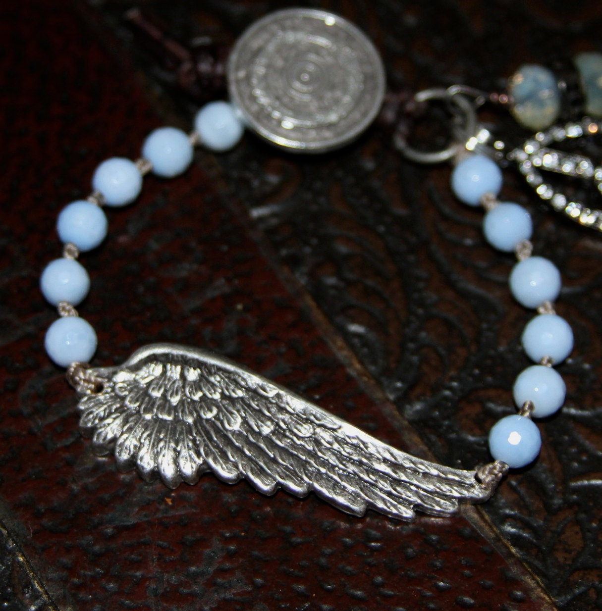 Sideways Angel Wing hand knotted bracelet, Sky Blue Agate, SOAR, Boho, beaded bracelets,  Peace, spiritual jewelry, yoga inspired
