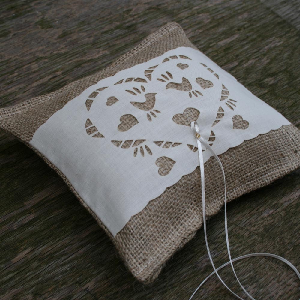 Burlap Ring bearer pillow with love bird motif