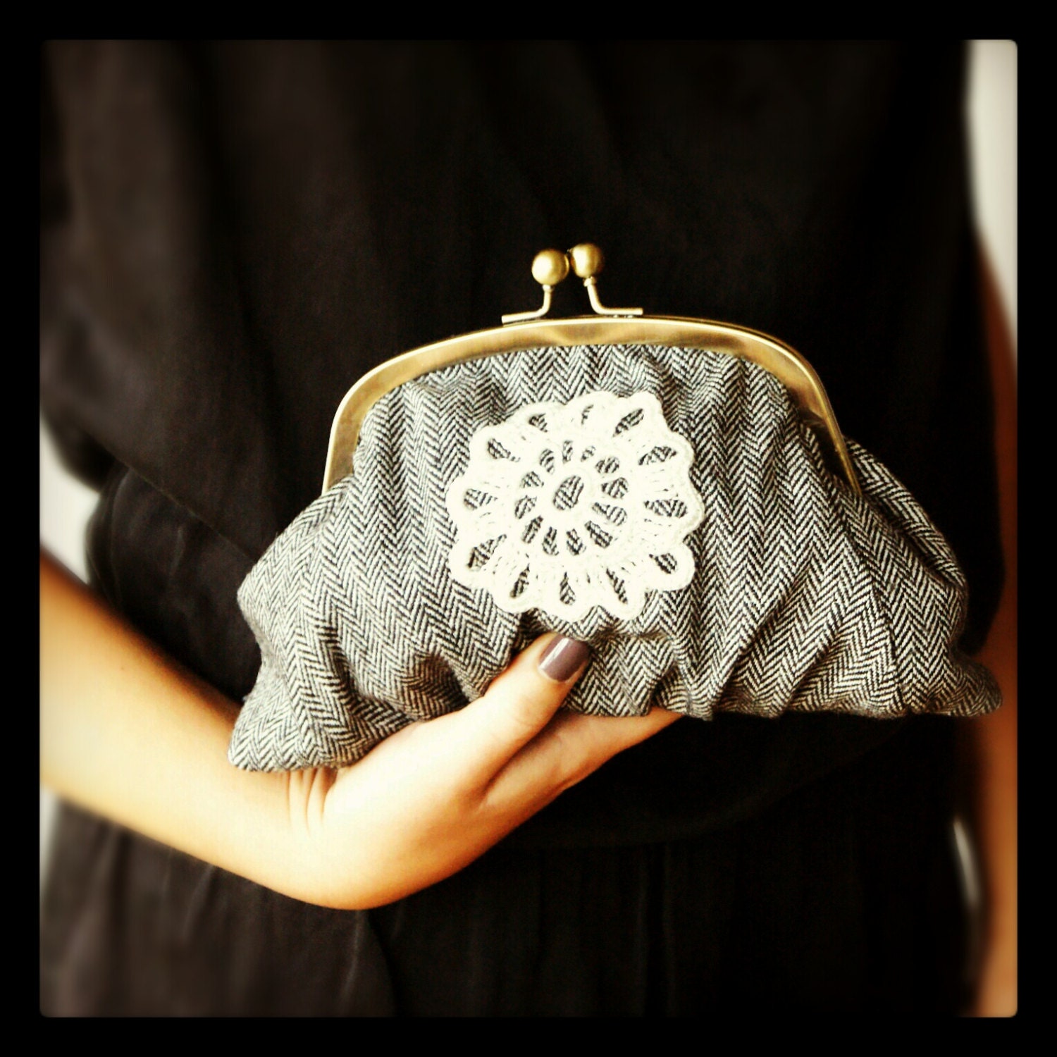 Pastel pink purse clutch with handmade crochet