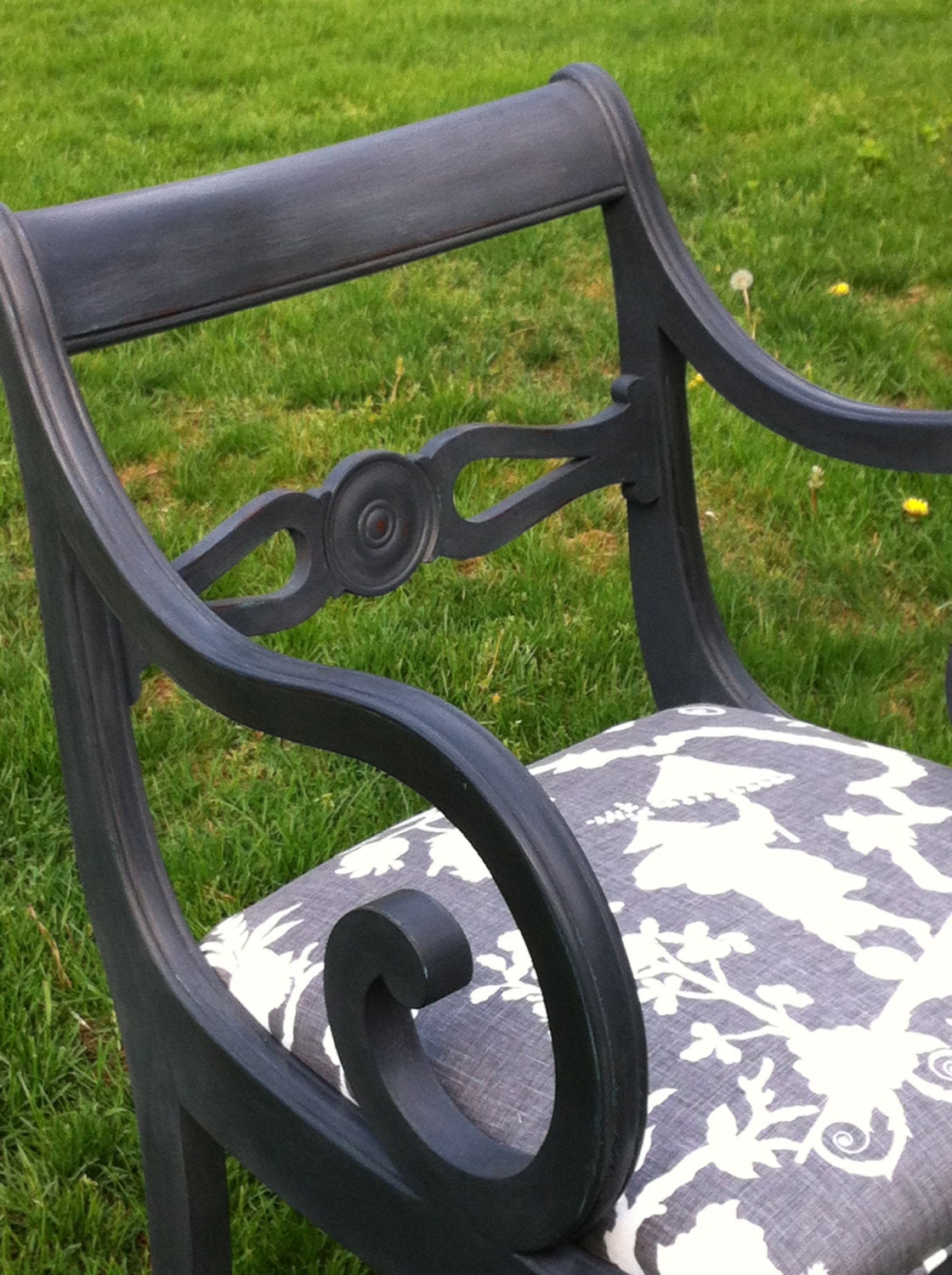 Painted Armchair in Graphite Upholstered in Schumacher