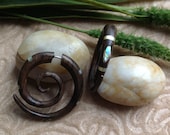 Fake Gauge Earrings, "Inlaid Spirals" Naturally Organic, Hand Carved, Sono Wood, Tribal