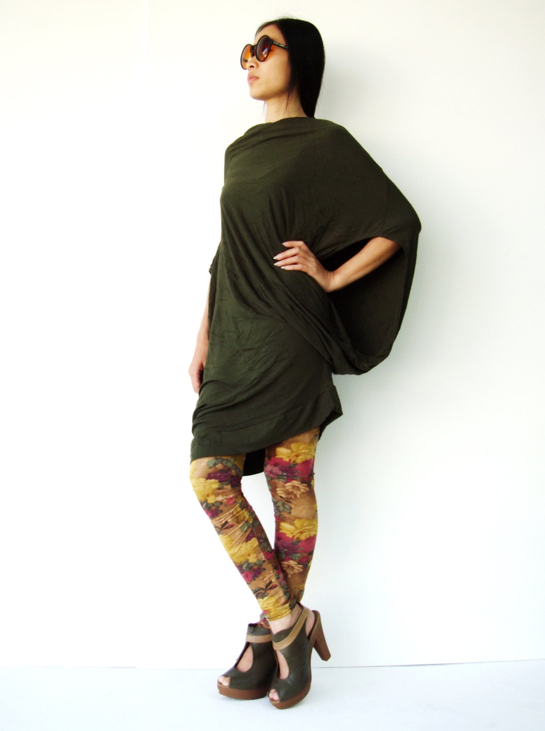 NO.100  Olive Rayon Spandex Cool Unique Asymmetric Top Off-Shoulder Tunic Top