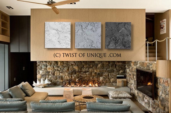 HUGE Concrete Abstract art, 3 square CUSTOM  Abstract Wall Art, Large abstract painting, Modern industrail art - White, Gray, Black