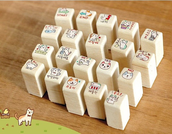 20 Cute Cat Stamps and One Four-Color Mini Ink Pad Wooden Rubber Stamp Set