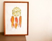 Art - Dream Catcher - Original Dream Catcher Drawing with Orange and Red Feathers, Watercolor Painting, Decor, Decoration