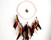 Dream Catcher - Whispering Past - With Ammonite Shell Fossil Amulet and Natural Brown Feathers - Home Decor, Mobile