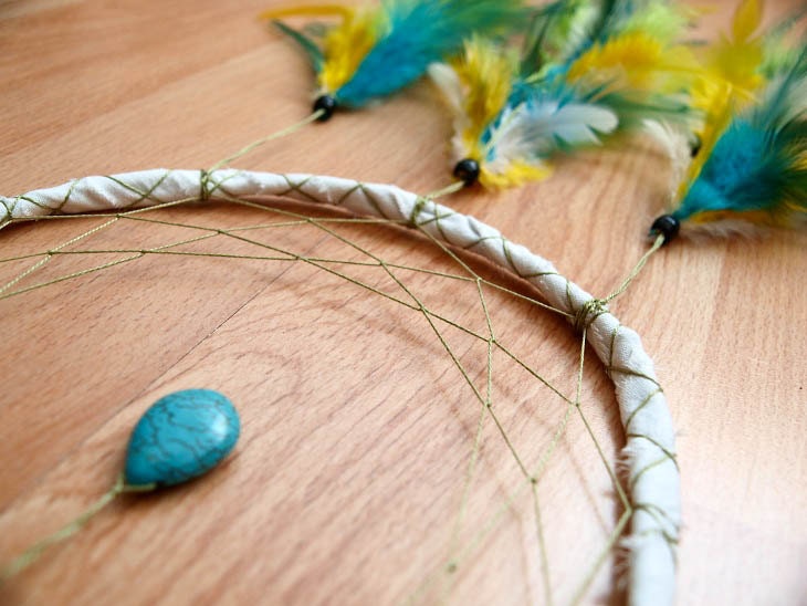 Dream Catcher - Turquoise Drop - With Turquoise Drop Gemstone and Green, Turquoise and Yellow Feathers - Home Decor, Mobile