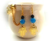 Hamsa Hand Ear Cuff With Blue Jade Beads Plus Extra Earring For The Other Ear ( A53 )