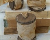 Dark hand dyed wooden spools farmhouse distressed shelf stuffer decor 3 piece set ribbon wrapped Anita Spero