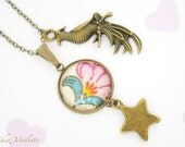 Necklace Parrot Flower French fabric star pendant charm bronze