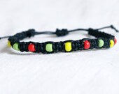 Hemp Bracelet, Rasta Macrame with Red Yellow Green Beads - Black Hemp Bracelet Bob Marley