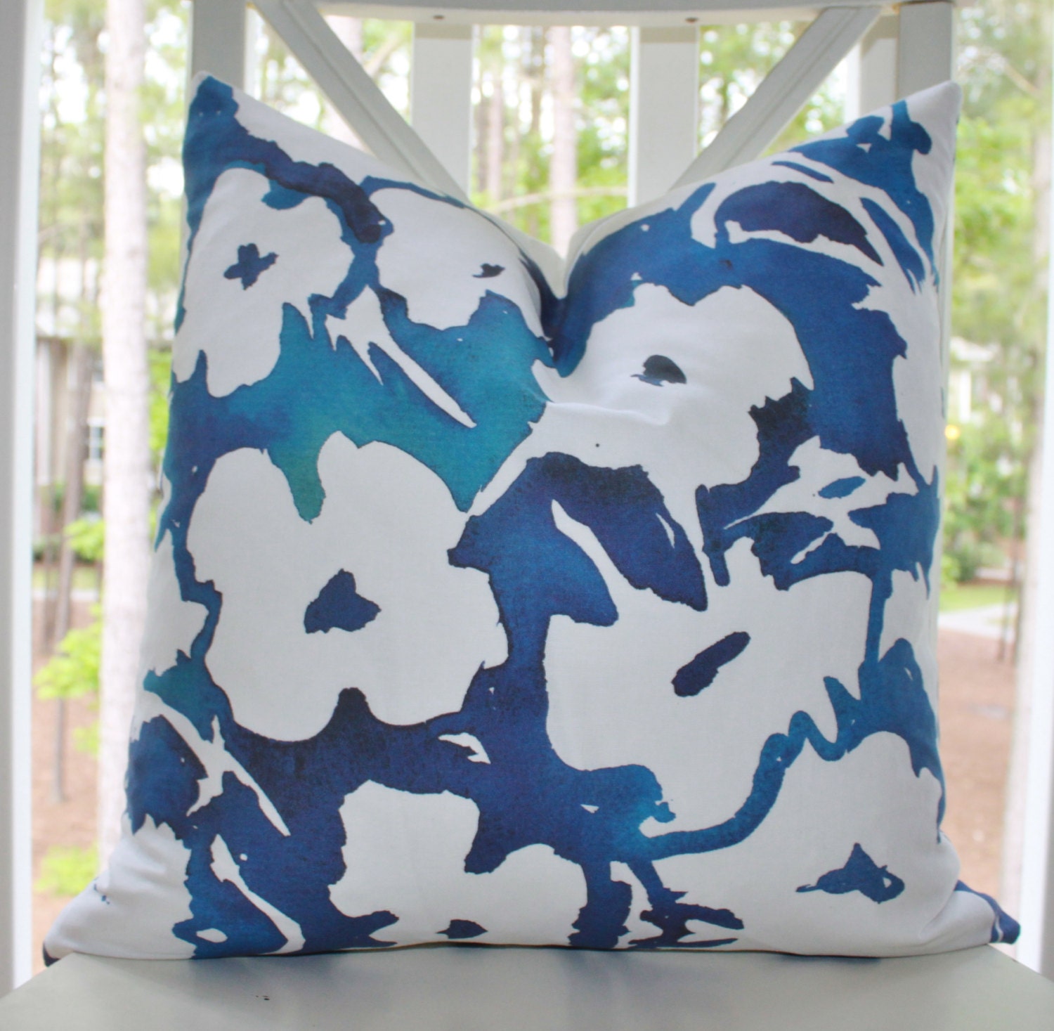 Decorative Blue Pillow Cover - 16 x 16 Cobalt Blue Teal Turquoise Floral Pillow Cover - Aqua Throw Pillow - Watercolor Pillow